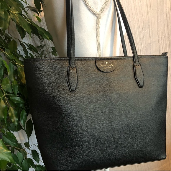 KATE SPADE LG Lori Tote blk pebbled leather laptop book bag double handles zip - Picture 1 of 16